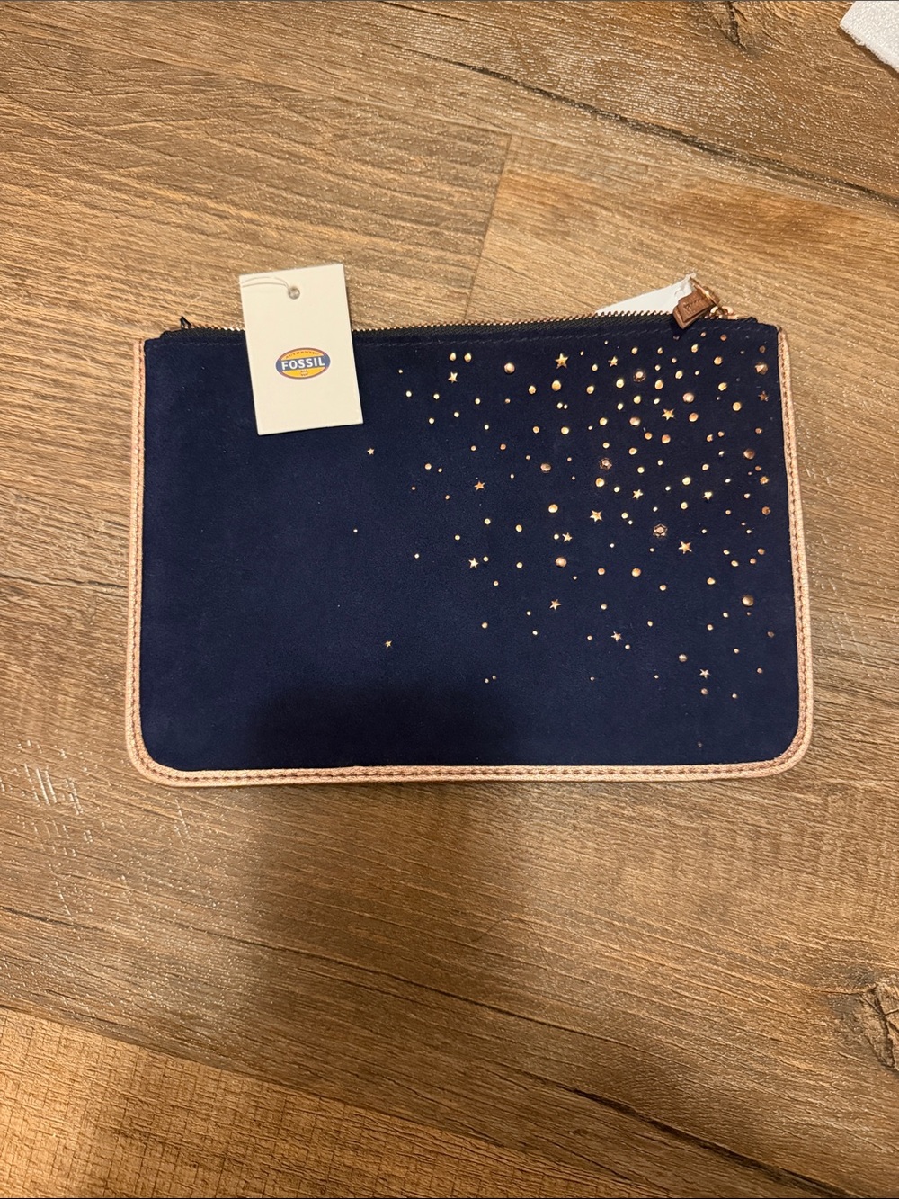 Fossil Navy Suede Wristlet with Rose Gold Star Studs